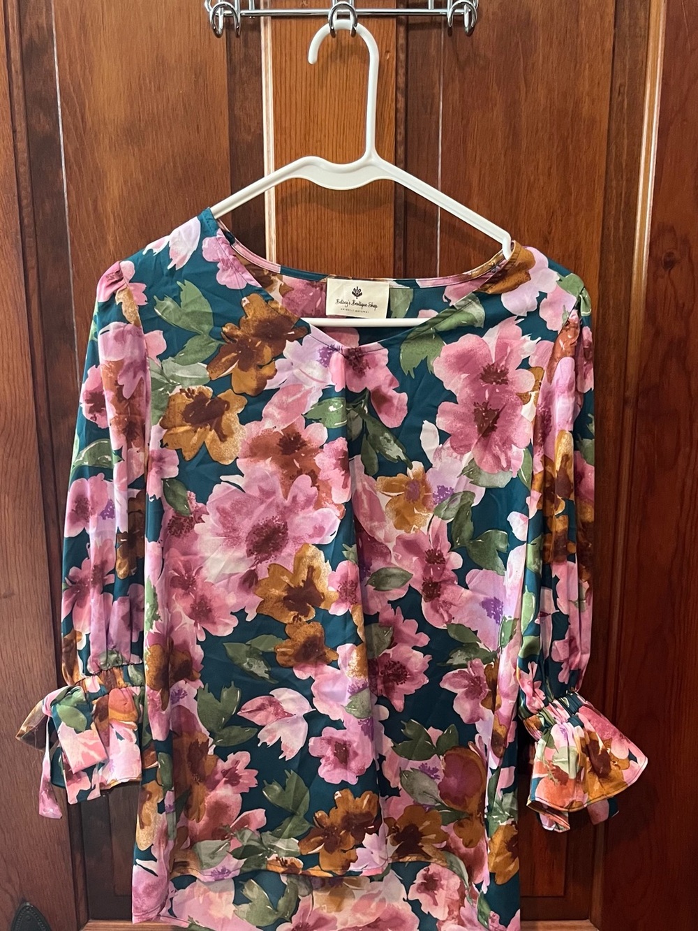 Floral Scoop-Neck Blouse in Teal with Pink & Brown Blooms